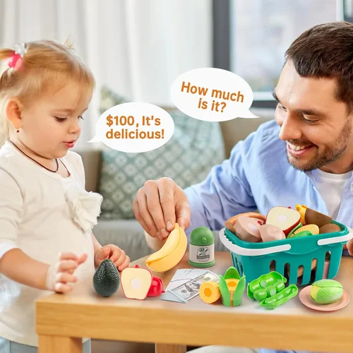 Miniatura 6 de Juego de cocina de 150 piezas, accesorios de cocina para niños pequeños, alimentos, manta de picnic, frutas, verduras, paquete de 2 cestas de Azul
