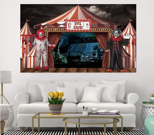 Miniatura 4 de Telón de fondo de fotografía de circo de terror, decoración de fiesta de Halloween, telón de fondo de carnaval, casa encantada, payaso gigante