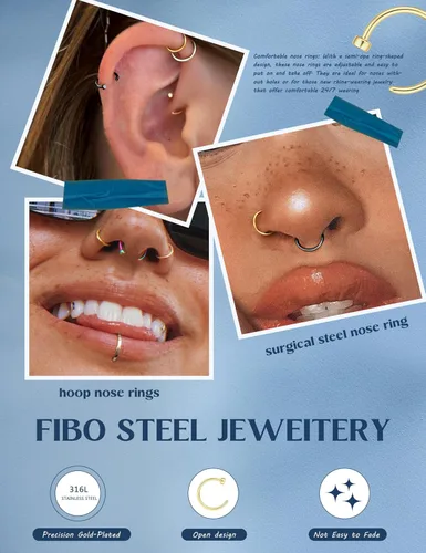 Miniatura 4 de FIBO STEEL - 5 piezas de acero inoxidable, 18G a 22G, joyería corporal, piercing de nariz para mujer
