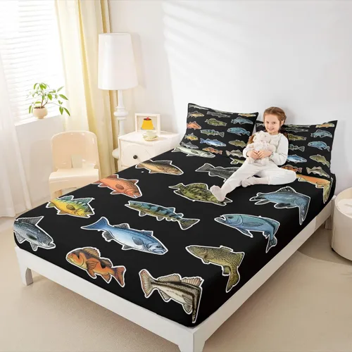 Miniatura 6 de Erosebridal Fishing Fitted Sheet Twin for Boys, Big Pike Fish Black Bed Sheets for Rustic Farmhouse Lake House Decor, Fishing Bedding Set Marine