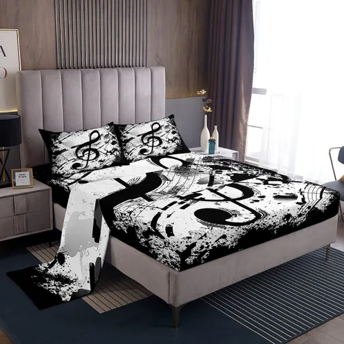 Miniatura 18 de Manfei Juego de sábanas musicales tamaño matrimonial, juego de ropa de cama con estampado de notas musicales retro para niños y niñas, decoración