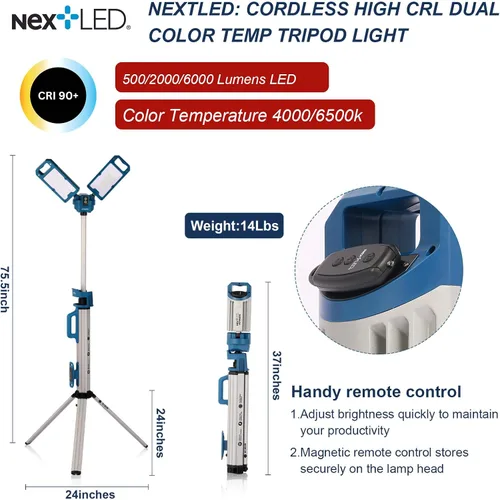 Miniatura 2 de NextLED Ultimate NT-6926M - Luz de trabajo de trípode resistente con cabezal de lámpara magnética desmontable, 6000 lúmenes, temperatura