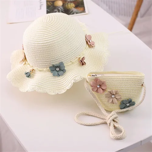 Miniatura 10 de Sombrero de paja para bebé niña + bolsa de playa para niñas, sombrero de paja para niños, sombrero, sombrero de flores para niños