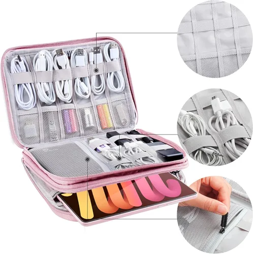 Miniatura 5 de Estuche organizador electrónico de viaje, bolsa para cables de viaje, resistente al agua, bolsa de doble capa para cables, cables, iPad Mini, regalo