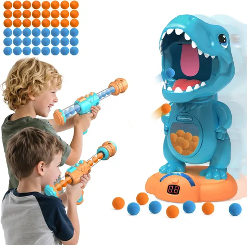 Miniatura 12 de EagleStone - Juguetes de dinosaurio móvil de tiro para niños, juegos electrónicos de disparo al blanco con 2 pistolas de bomba, 48 bolas, juguetes