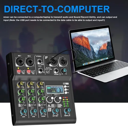Miniatura 2 de XR-4 Negro Mezclador DJ Profesional de 4 Canales con DSP Integrado 99 Sonidos + Bluetooth 5.0 USB Grabación Karaoke Rendimiento en Vivo Diseño