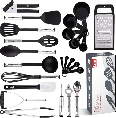 Juego de utensilios de cocina, utensilios de cocina, ollas y sartenes, antiadherentes y resistentes al calor, 24 piezas de nailon y acero