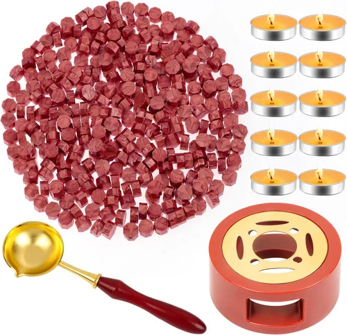 PAXCOO - Juego de 312 sellos de cera roja con cuentas de sello de cera roja, calentador de sellos de cera, cuchara de cera y velas para sobres de