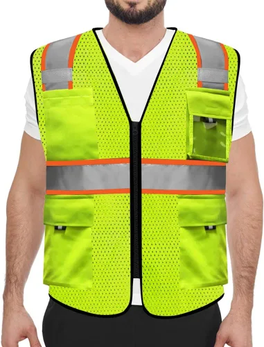 HYCOPROT Chalecos de seguridad reflectantes de malla de alta visibilidad con bolsillos y cremallera, cumple con las normas ANSI/ISEA