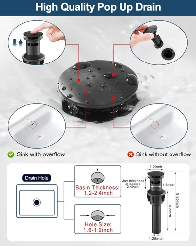 Miniatura 5 de Grifo de Cascada, Grifo de Lavabo de Baño de Latón Negro de 1 Orificio o 3 Orificios (4 Pulgadas) con Mango Único, Desagüe Pop-Up, Mangueras