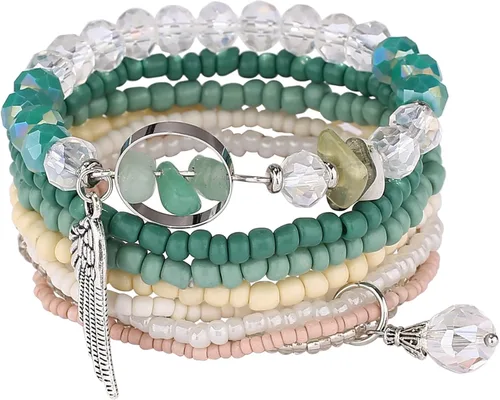 Miniatura 7 de iYours 6 juegos de pulseras bohemias multicapa con borlas hechas a mano, pulseras envolventes para mujer, Sin gemas.