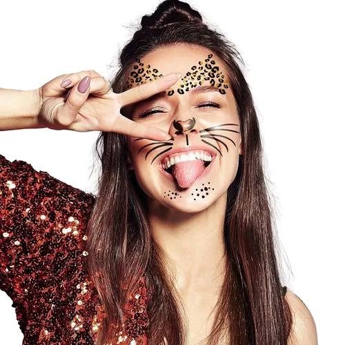 Miniatura 9 de Paquete de 6 tatuajes temporales de cara de leopardo feroz, kit de rayas realistas para nariz, bigotes y frente para Halloween, fiestas de disfraces