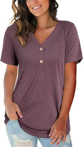 LAISHEN Remera de manga larga y corta para mujer, diseño Henley informal de cuello en V, con botones, estampado de camuflajeleopardo, holgada, tipo