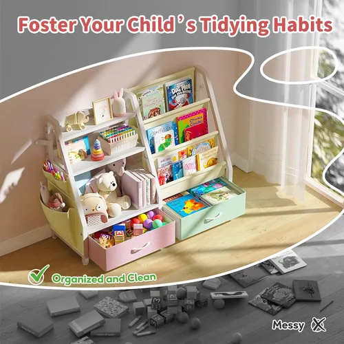 Miniatura 5 de Estantería para niños y organizador de juguetes Twinkoo, estante resistente de 3 niveles, estantería con bandeja y 2 contenedores de juguetes