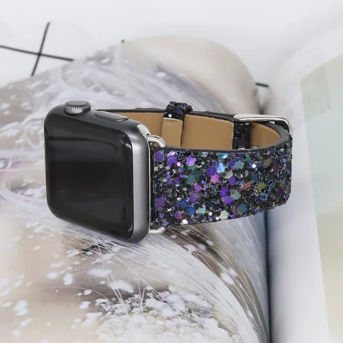 Miniatura 3 de Bling Band Compatible with Apple Watch Bands 38mm 40mm 41mm 42mm 44mm 45mm 46mm 49mm Ultra 3/2/1, Glitter Sparkle Leather Strap For iWatch Band