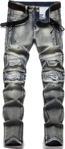 XIMXIMMTIAN Jeans rectos de motociclista para hombre, desgastados, desgastados, ajustados, rectos
