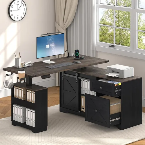 St.Mandyu 55" Farmhouse L Shaped Electric Standing Desk with Sliding Door Storage, Height Adjustable Sit Stand Corner Computer Desk with Power