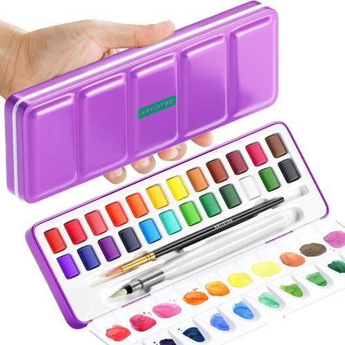 Miniatura 10 de ARTISTRO Juego de pintura de acuarela de 50 colores, kit de arte de pintura portátil con paleta y bolígrafos de pincel, juego de acuarela de viaje