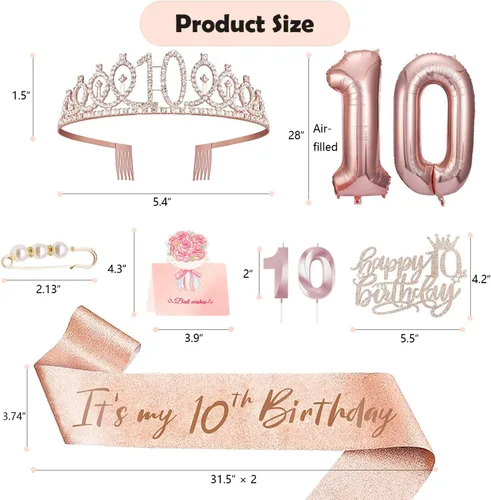 Miniatura 2 de Decoraciones de cumpleaños de 10 años para niña, banda y corona de cumpleaños de 10 años, adorno para pastel, velas numeradas y globos, regalos