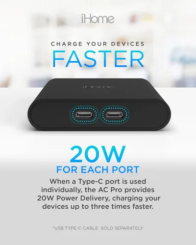 Miniatura 6 de iHome Cargador USB-C multipuerto de 40 W, bloque plano de 2 puertos AC Pro, adaptador de pared de carga rápida dual