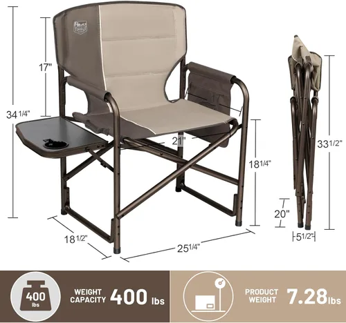 Miniatura 2 de TIMBER RIDGE - Silla de aluminio sobredimensionada para acampada, silla de director ligera y portátil con mesa auxiliar, bolsillo lateral Canela