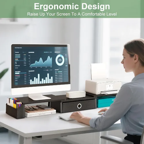 Miniatura 5 de Soporte elevador de monitor doble con cajón y pata de metal, estante de escritorio grande para 2 monitores con longitud y ángulo ajustables
