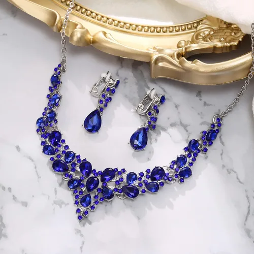 Miniatura 3 de BriLove Impresionante collar de joyería de 13.8 a 16.1 pulgadas, juego de aretes de clip con forma de lágrima de cristal austriaco brillante