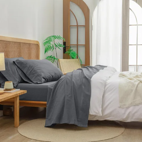 Miniatura 17 de BESTOUCH Juego de sábanas 100% algodón lavado, tacto súper suave, cómodo, elegante, ligero, juego de ropa de cama de 4 piezas, lino sólido, gris