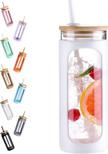 Miniatura 47 de Kodrine Vaso para agua de vidrio de 20 onzas con popote y tapa, botella de agua con tapas de bambú, taza para café helado, reutilizable, boca ancha