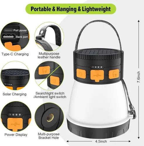 Miniatura 4 de Paquete de 2 linternas LED para campamento, 1500 lúmenes, linterna de campamento recargable con carga de panel solar, impermeable, 8 modos de luz