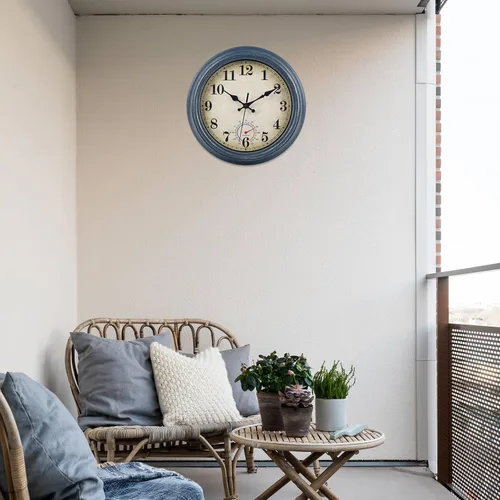 Miniatura 3 de Relojes para exteriores impermeables con termómetro, reloj de pared costero rústico para patio, piscina, jardín (12 pulgadas, azul)
