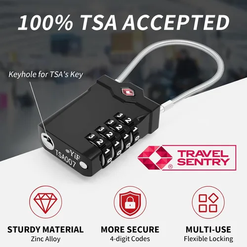 Miniatura 2 de XOOL 2 cerraduras de equipaje aprobadas por la TSA de 4 dígitos con cable de acero flexible, candado de equipaje reajustable para maletas, mochilas