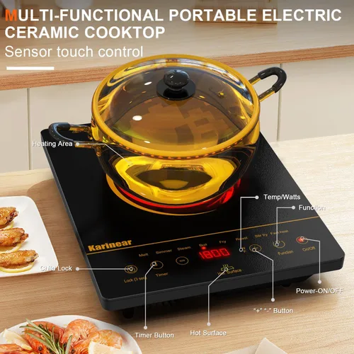 Miniatura 2 de Karinear - Estufa eléctrica portátil, 1800 W, 110 V, estufa eléctrica Ceramic Cooktop, Sensor Touch Control,Safety Lock, Timer, Overheat