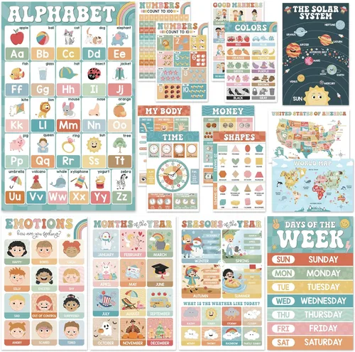 BEAWART 16 Pósteres Educativos Bohemios Groovy - Póster del Alfabeto ABC, Mapa del Mundo - Gráficos de Pósteres de Aprendizaje Laminados para