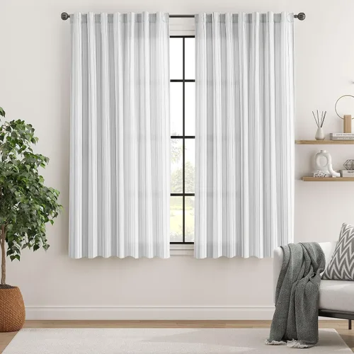 Miniatura 2 de jinchan - Cortinas blancas con rayas grises de 63 pulgadas de largo para sala o dormitorio, tratamiento para ventanas con aspecto moderno de lino