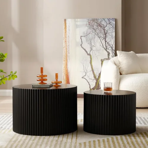 Moderna mesa auxiliar anidable, mesa auxiliar redonda de madera, juego de 2 para espacios pequeños, sala de estar, color negro