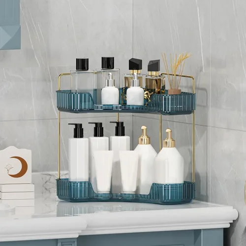Miniatura 5 de Organizador de esquina para encimera de baño, estante de baño, organizador de maquillaje para tocador, bandeja de perfume para almacenamiento en Azul