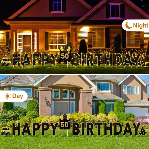 Miniatura 2 de Yerliker 16 piezas de carteles de feliz cumpleaños para patio con estacas, luces LED de 32.8 pies, 42 piezas de adhesivos numéricos, carteles