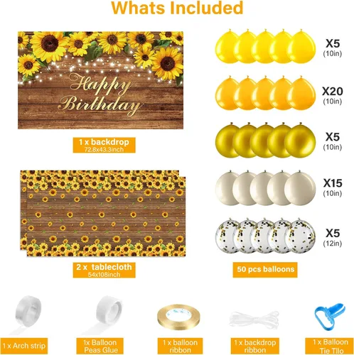 Miniatura 2 de Tiamon Juego de 53 guirnaldas de arco de globos dorados y amarillos, 1 pancarta de fondo de feliz cumpleaños, 2 manteles de plástico de girasol