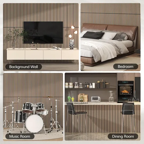 Miniatura 7 de TONOR 4 paneles de listones de madera, paneles acústicos adhesivos de 48 x 24 pulgadas para pared, paneles decorativos 3D estriados para absorción