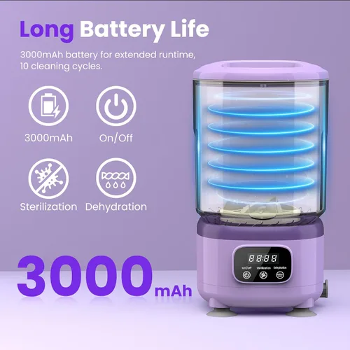 Miniatura 3 de Lavadora de ropa interior, mini lavadora portátil recargable con capacidad de taza de 2 litros para brasier, ropa interior, calcetines, hogar