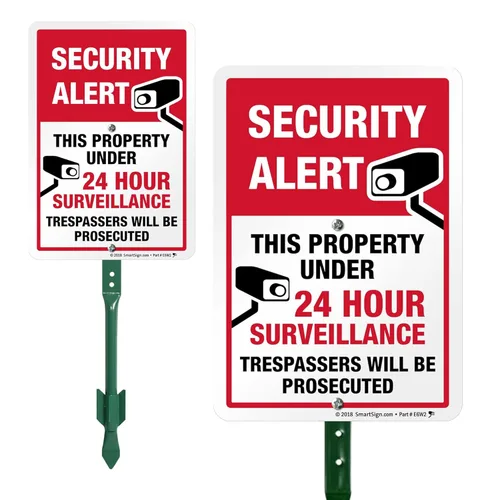 Miniatura 7 de SmartSign Etiquetas adhesivas reflectantes "Security Alert This Home Under 24 Hour Surveillance, Trespassers Prosecuted", rojo/negro/blanco, juego