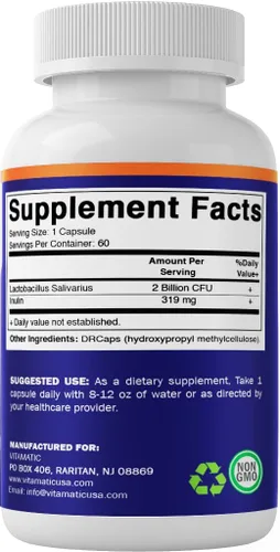 Miniatura 8 de Vitamatic Lactobacillus Salivarius 2 mil millones por cápsula DR - 60 unidades - Soporte digestivo - Fabricado con fibra prebiótica de inulina