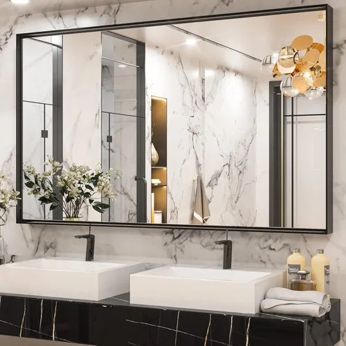 Keonjinn Espejos de baño negros de 60 x 36 pulgadas para sobre el fregadero, espejo de tocador rectangular grande con marco de metal para pared,