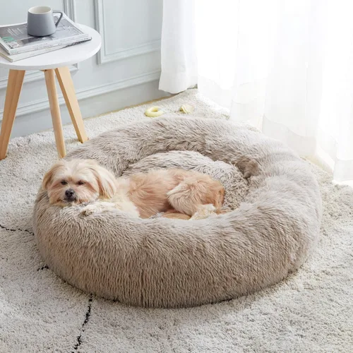 Cama calmante para perros y gatos, cama antiansiedad, de felpa, con forma de dona, redonda, acolchada, de piel sintética, suave y esponjosa, para