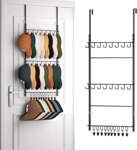 HapiRm Perchero para Puerta - Organizador de Sombreros de 3 Niveles Montado en la Pared con 16 Ganchos y 10 Clips Móviles, Organizador de Sombreros