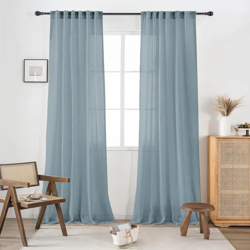 Miniatura 29 de Cortinas de lino transparente color crema de 96 pulgadas de largo para sala de estar, 2 paneles con bolsillo con pestaña trasera, suaves, naturales