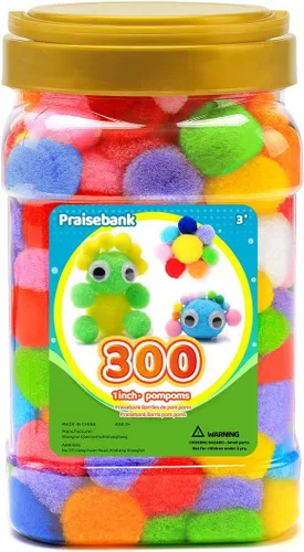 Praisebank 300 pompones de 1 pulgada para artes y manualidades, manualidades en tarro