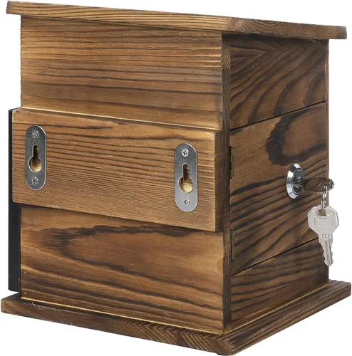 Miniatura 7 de MyGift Caja de colección de madera maciza quemada rústica montada en la pared con tarjetero de metal negro, caja de comentarios y sugerencias