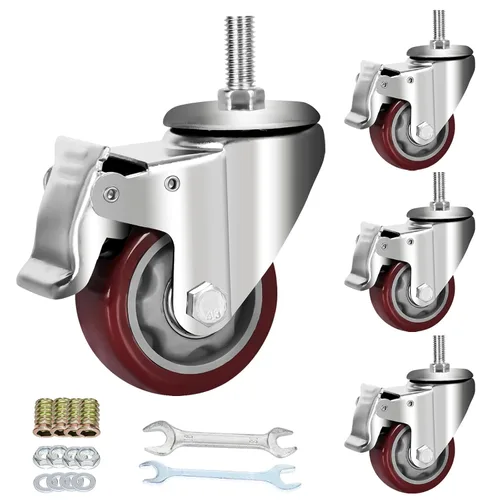 Miniatura 9 de AOCHENLY Ruedas giratorias, ruedas resistentes M8-1.25x1-1/5, ruedas giratorias roscadas con frenos dobles, juego de 4 (M8-1.25x1-1-1/5, 3 pulgadas)